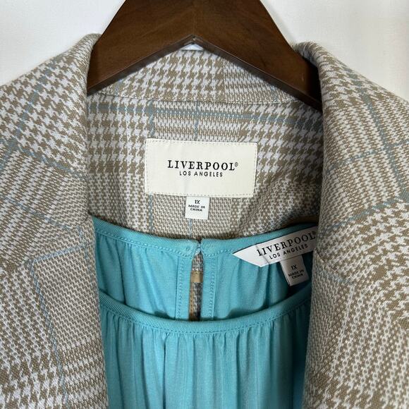 Liverpool LA Oatmeal Plaid Boyfriend Blazer Turquoise Shell 1X Academia Office - Picture 2 of 16